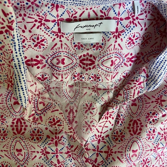 Foxcroft fitted button up blouse 3/4 sleeve size 4 flip cuffs white pink blue - Picture 10 of 11